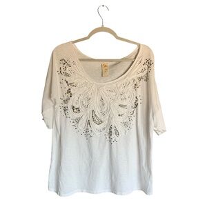 Anthropologie White Cotton Top Pewter Beads Size Medium Boho Oversized Flowy